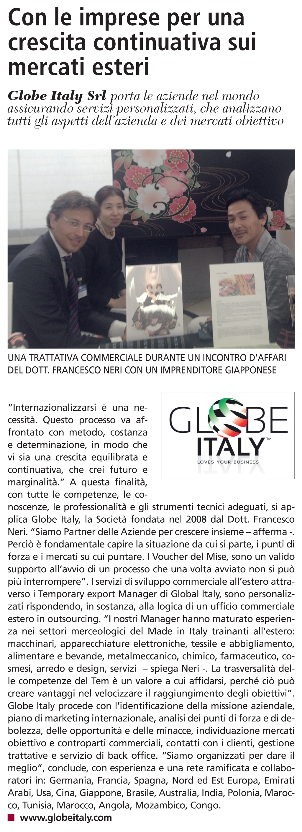 Con le imprese per una crescita continuativa sui mercati esteri - Globe Italy Sole 24 Ore - 3/12/2015